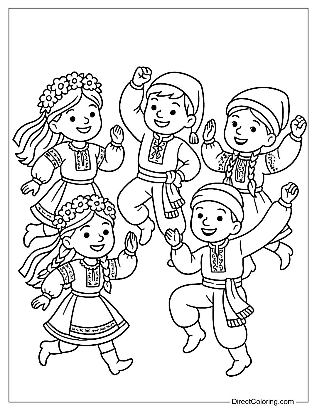 Coloring page of a group of children dancing Ukrainian folk dances in traditional costumes.